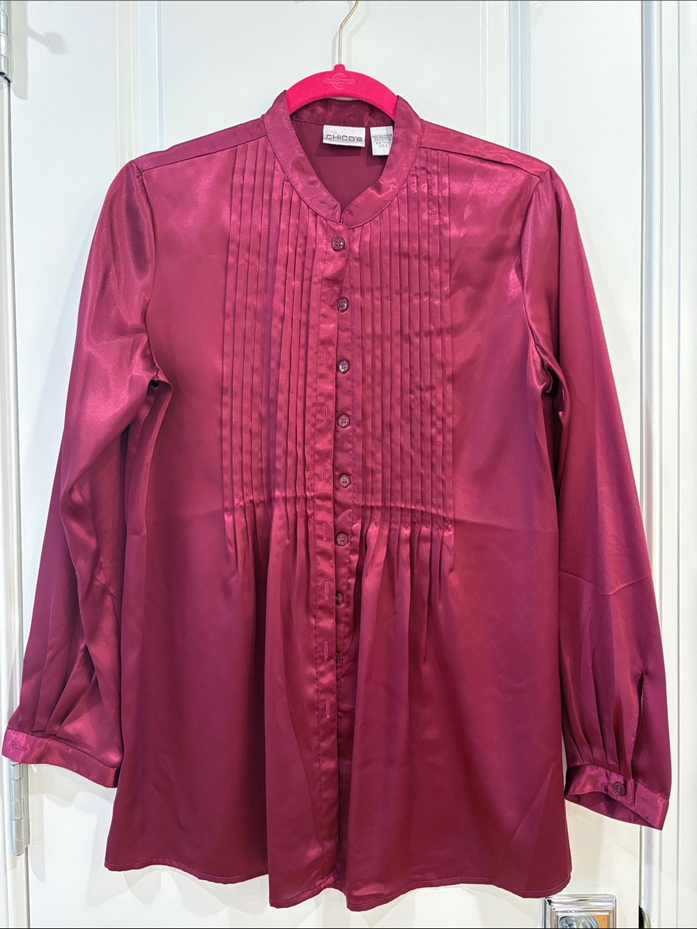 Chico's Satin Pintuck Button-Front Shirt in Deep Berry